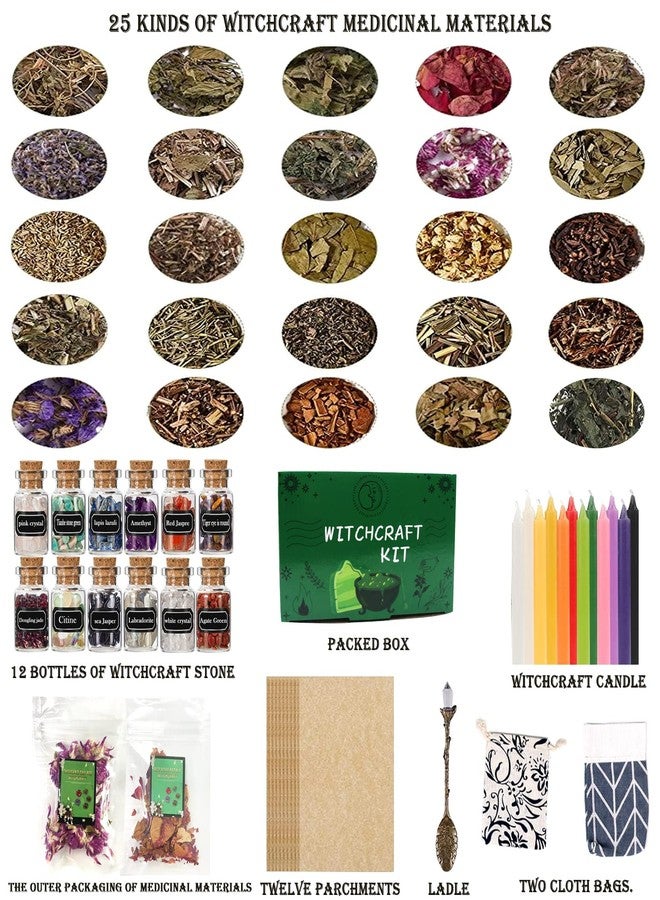 IRmm Witchcraft Supplies Kit, 85 PCS Wiccan Supplies and Tools, Include Dried Herbs, Crystal Jars, Colored Candles and Parchments, for Beginners Witches Pagan Altar Decor - Image 2